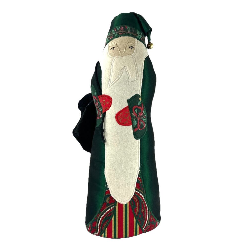 Vintage Folk Art Fabric Santa Claus Figure Green Satin Robe Christmas 13” - Picture 3 of 7